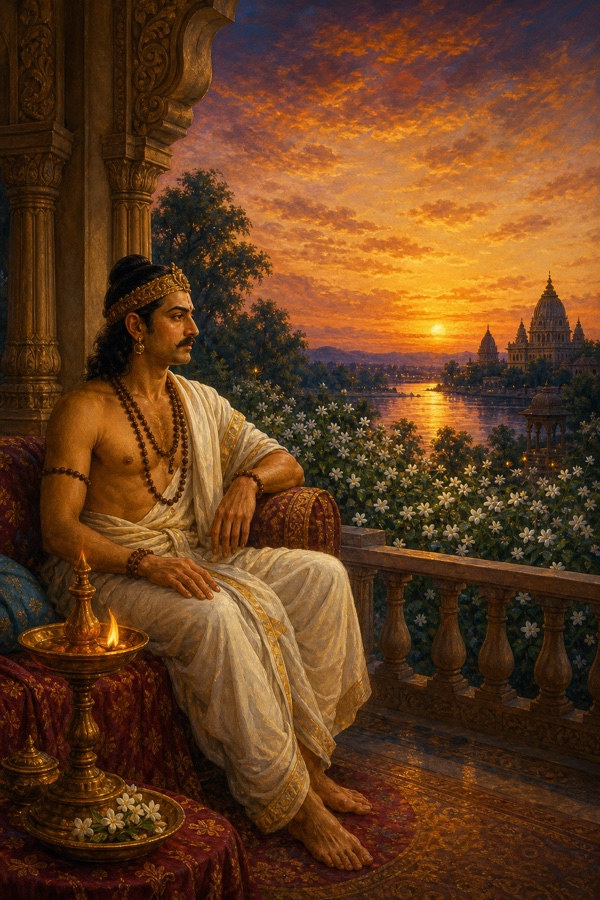 King Janaka of Mithila in white dhoti and rudraksha mala seated alone at twilight on his palace verandah, gazing over a jasmine garden toward a river and distant temple domes, an oil lamp glowing beside him, his face calm yet inwardly restless; rich painterly classical Indian color illustration, dignified
