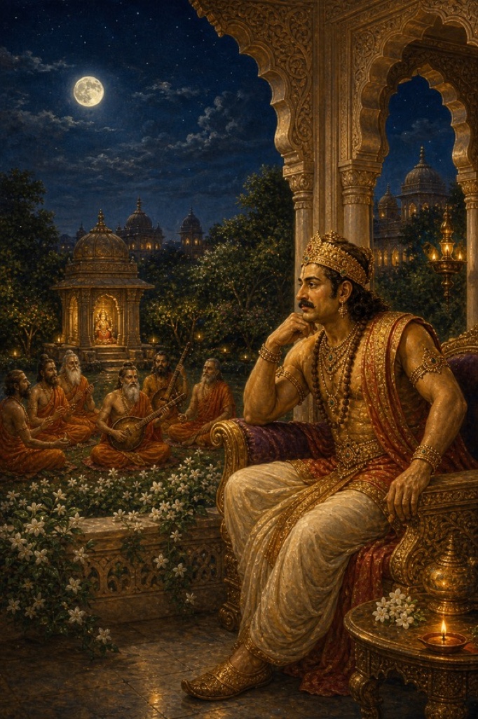 Beyond the moonlit garden, a small group of luminous siddhas gathered near a temple sing together, their song drifting on the night air, while Janaka on his arched verandah tilts his head to listen, heavy jasmine blossoms in the foreground; rich painterly classical Indian color illustration, dignified