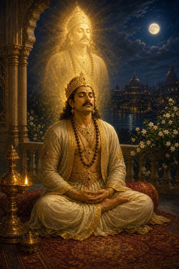 Janaka in deep meditation on his moonlit balcony, eyes closed, face luminous in the instant of awakening as the burden of identity lifts; a radiant translucent witness-self emerges as a glowing aura of golden light behind and around him, jasmine and silence; rich painterly classical Indian color illustration, dignified