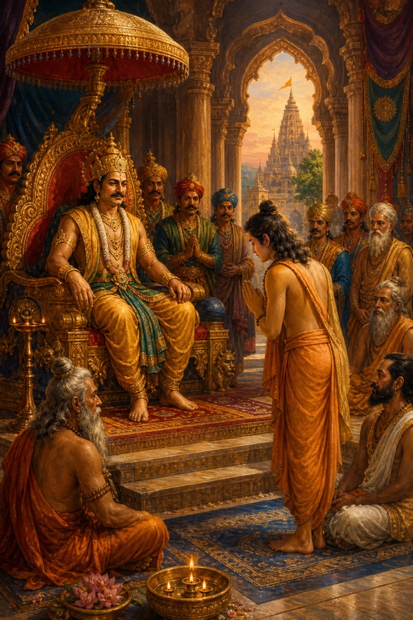 Years later, the liberated King Janaka enthroned beneath a royal parasol in his columned court hall, serenely receiving the young sage Shuka who approaches with reverence; ministers and ascetics arrayed around, oil lamps and a temple glimpsed through the arch; rich painterly classical Indian color illustration, dignified