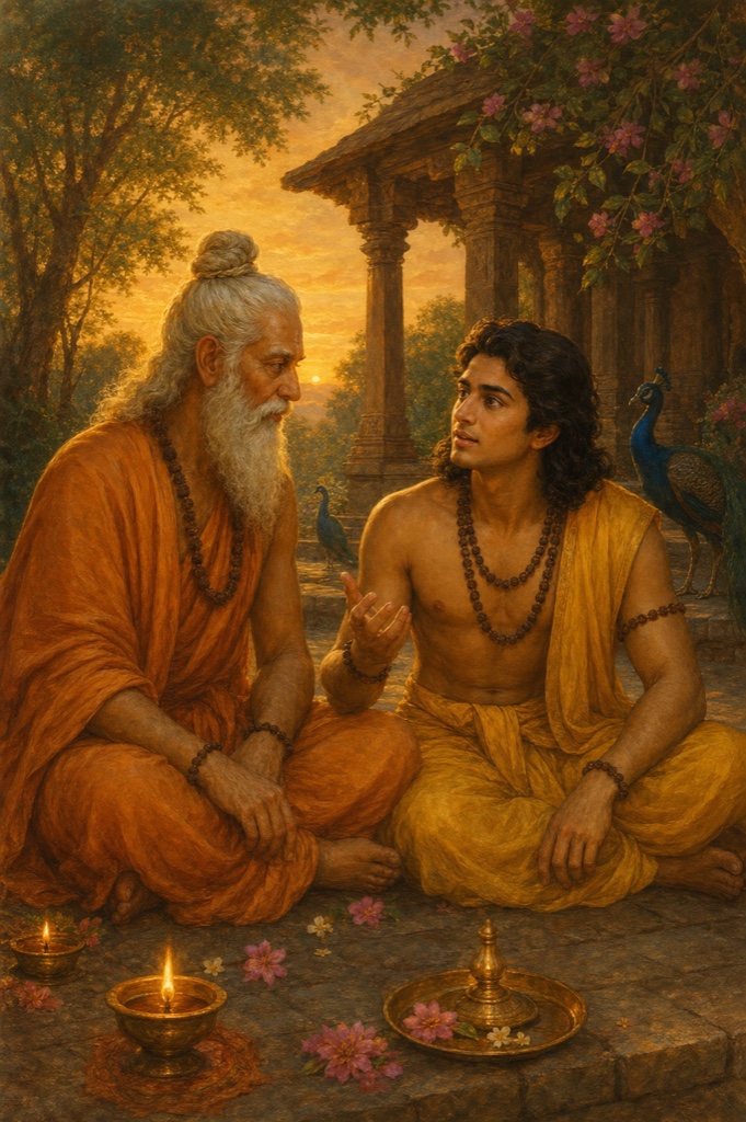 Painterly classical-Indian color illustration: the youthful sage Kaca with a topknot sits close beside his father Brihaspati, the white-bearded preceptor of the gods in saffron-and-white robes, in a serene ashram glade; the boy looks expectant, a question held in his eyes, the elder attentive; oil lamps and a flowering tree, warm golden dawn light; dignified, no text, no watermark.
