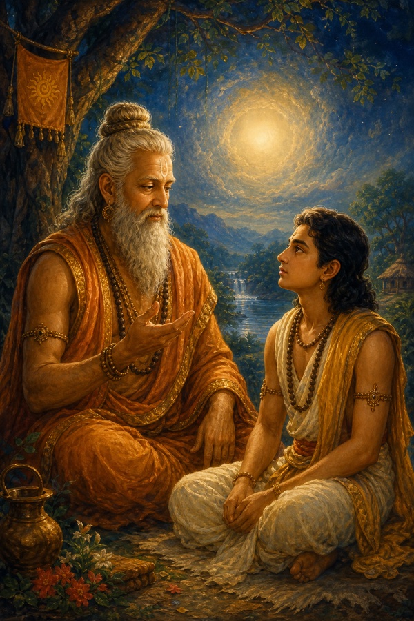 Painterly classical-Indian color illustration: Brihaspati, the venerable god-preceptor, gazes long and tenderly at his son Kaca, raising one hand in gentle teaching gesture as he names the formless witness behind all things; a soft luminous void glows faintly behind them suggesting the egoless Self, ashram trees and a quiet river beyond; deep indigo and gold palette; dignified, no text, no watermark.