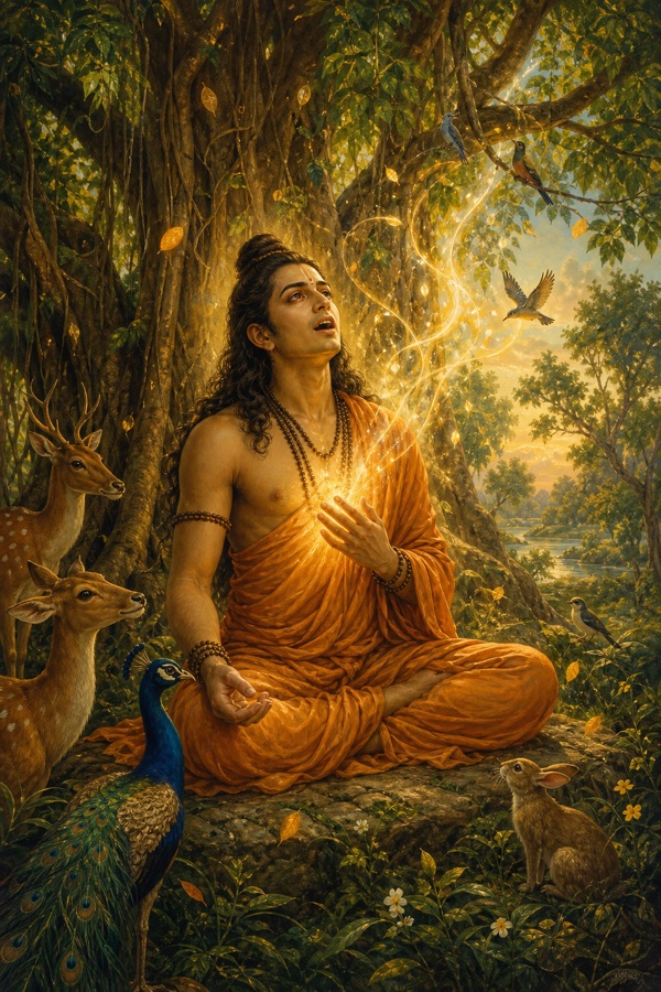Painterly classical-Indian color illustration: the ascetic Kaca seated cross-legged beneath a great banyan after many years of tapasya, eyes lifted and lips parted as a song rises from within; deer, a peacock and small birds gather around him, leaves drift through luminous air, the inner song suggested by soft radiant light blooming from his heart; rich greens and saffron; dignified, no text, no watermark.
