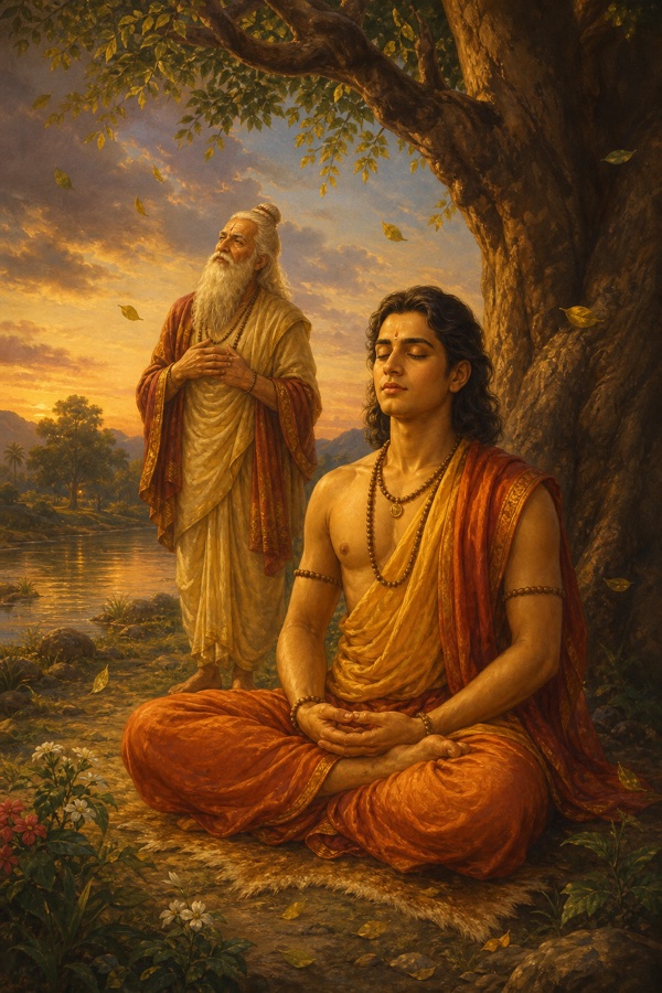 Painterly classical-Indian color illustration: Kaca sits cross-legged in serene meditation beneath a tree as his white-bearded father Brihaspati stands a little behind in the middle distance, listening to the song carried on the wind, his face moved and reverent; a calm river and trees beyond, soft evening light and drifting leaves; tender warm palette; dignified, no text, no watermark.