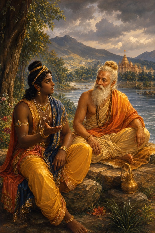 Young dark-skinned Rama in princely dress sits on a riverside boulder beside the Sarayu, turning to ask the white-bearded sage Vasishtha a question; soft grey monsoon clouds gather over distant hills, classical Indian color illumination, dignified.