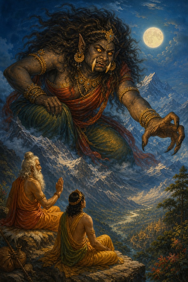 A colossal wild-haired Rakshasi named Karkati with thick dark skin, long jutting tusk-teeth, big ears and glowing yellow cat-eyes crouches atop a snowy Himalayan peak under a full moon, her clawed hand grasping at the moonlit valley, rich classical color illustration.