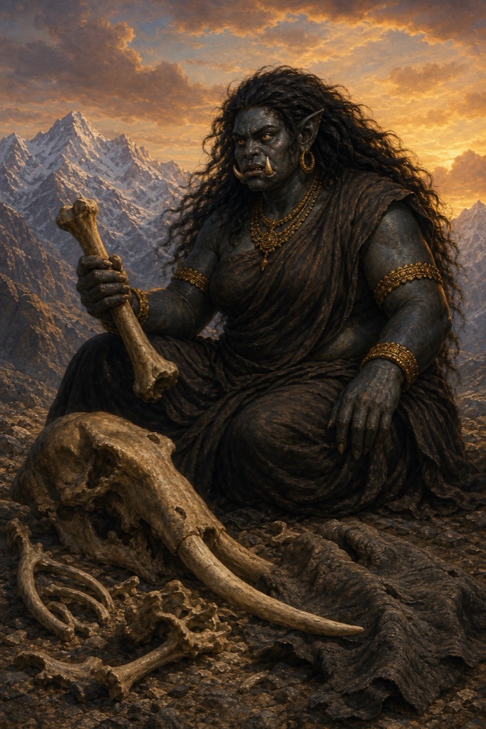 The giant Rakshasi Karkati sits cross-legged on a mountain clearing devouring an entire elephant, bones and hide in her huge hands, yet her hollow eyes still betray an unfilled emptiness, dramatic painterly classical-Indian color art, dignified.
