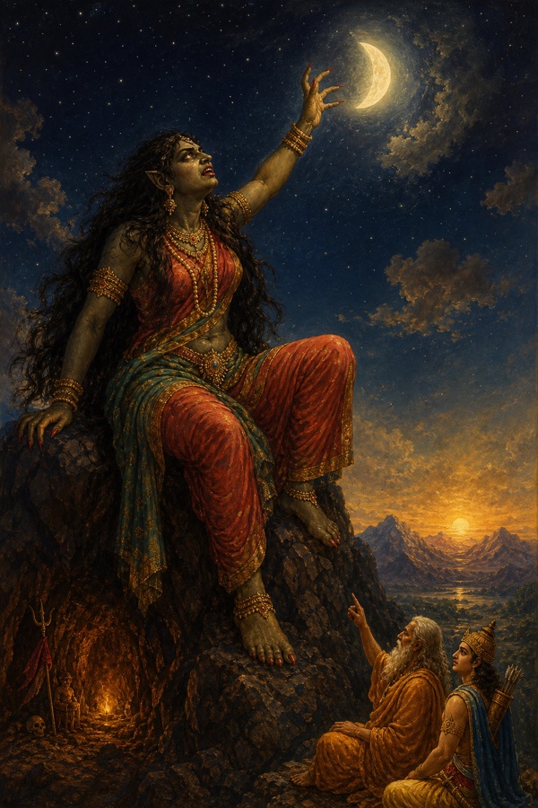 The towering Rakshasi Karkati seated on her dark peak gazes up longingly at a half-moon in a starlit sky, one long arm reaching toward it as if to seize and eat it, luminous classical color illustration, melancholy and grand.