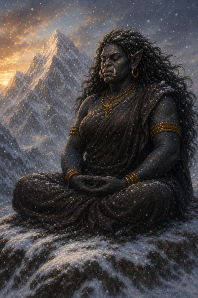 Karkati the Rakshasi sits in cross-legged meditation tapas on the summit of a Himalayan peak, eyes closed, wild hair streaming in the wind, snow drifting around her motionless body under a wide sky, serene painterly classical-Indian color illustration.