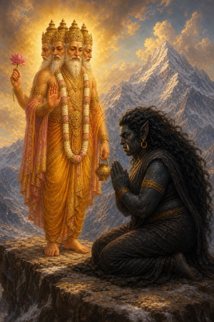 Four-headed creator Brahma appears in a radiant golden halo before the seated Rakshasi Karkati on her mountain ledge, raising a blessing hand as she kneels with eyes turned soft, snowy peaks behind, luminous classical-Indian color illustration, reverent.