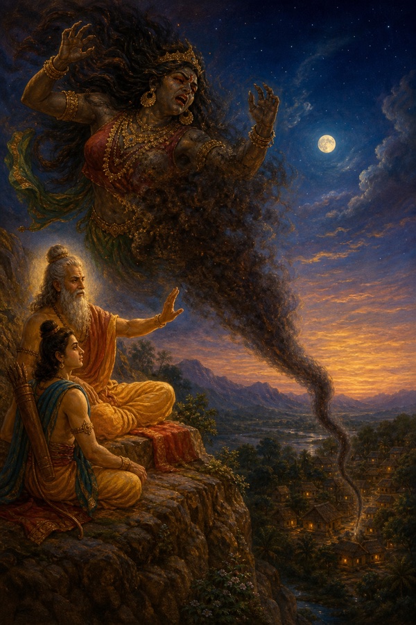 Karkati's vast Rakshasi body dwindles and dissolves into a thin needle-fine thread of dark vapour streaming off the mountain into the night wind toward a sleeping village below, surreal painterly classical-Indian color illustration of transformation into Vishuchika.