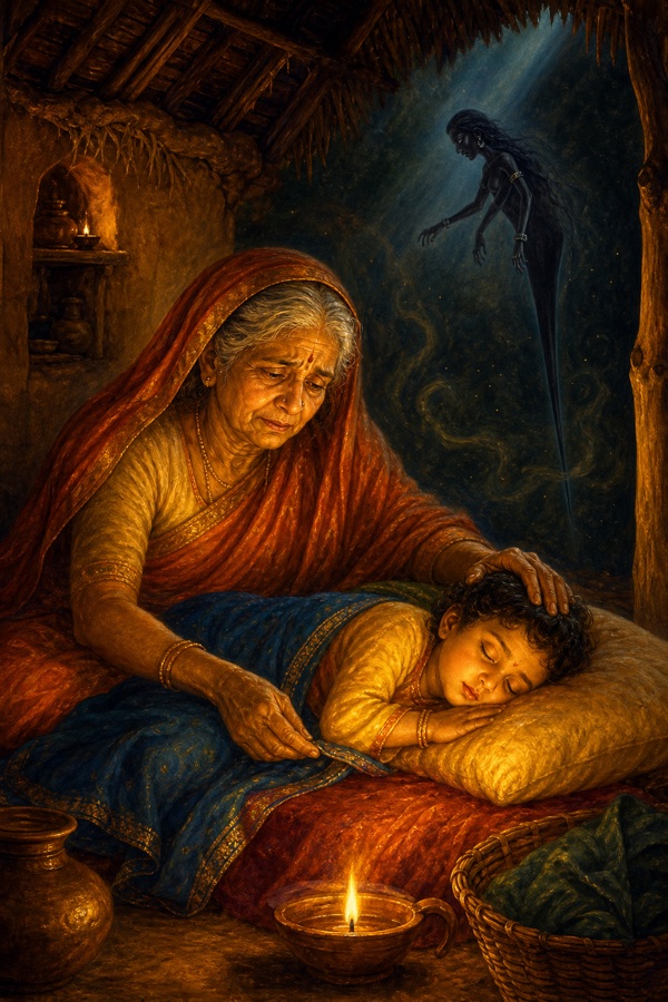 Inside a lamp-lit village hut a frail dying old woman lays her small sleeping grandchild gently on a pillow, keeping one hand on the child's back; a faint dark needle-form of Karkati hovers in the air, tender sorrowful classical-Indian color illustration.