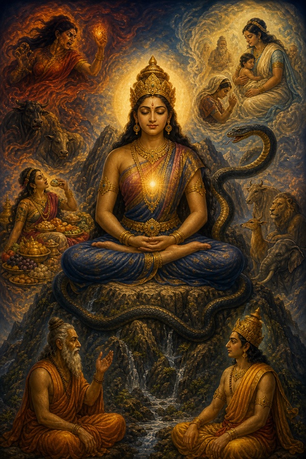 Karkati in her great form sits in deep lotus meditation on her peak, and at her heart-centre a small steady inner light glows, unchanging amid swirling faint shapes of hunger, anger and compassion around her, contemplative classical-Indian color illustration of the witnessing self.