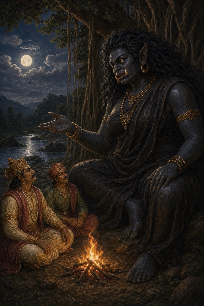 Under a moonlit banyan tree beside a small fire, the now-calm giant Karkati sits facing a crowned king and his white-bearded minister, the three at eye level in earnest dialogue, dignified classical-Indian color illustration of the questioning.