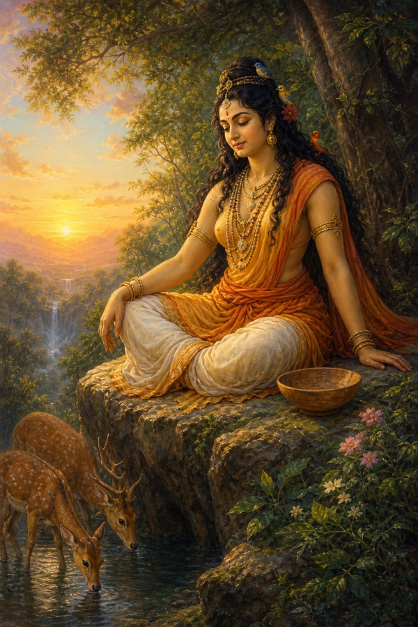 Karkati transformed into a serene large yogini sits peacefully on a forest cliff at dawn, deer drinking water beside her and birds perched in her hair, an empty wooden bowl on the rock, gentle luminous classical-Indian color illustration.