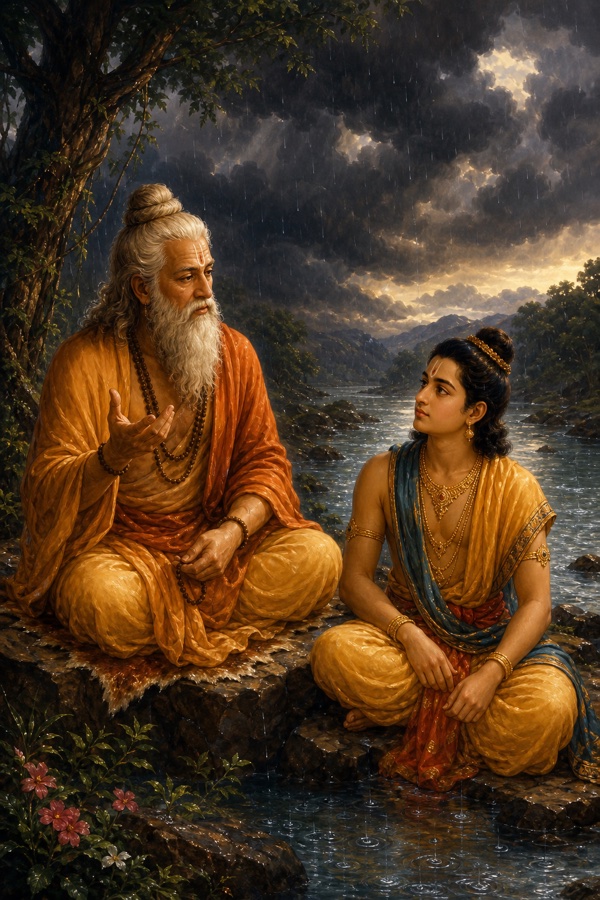 Vasishtha and young Rama sit together on a stone bank beside flowing river water, the sage speaking gently as Rama listens, the sky behind heavy with dark gathering monsoon clouds and the first raindrops on the water, reflective classical-Indian color illustration.