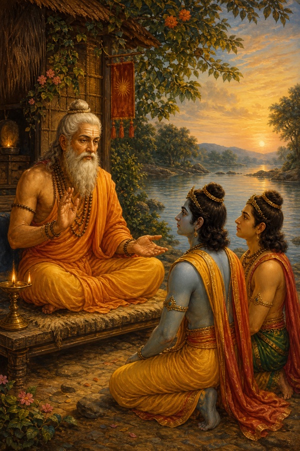 Painterly classical Indian color illustration: the sage Vasishtha seated on a low platform outside a riverside hut, gently teaching the young princes Rama and Lakshmana who kneel before him; warm dawn light, oil lamp glowing, river behind; dignified, no text, no watermark