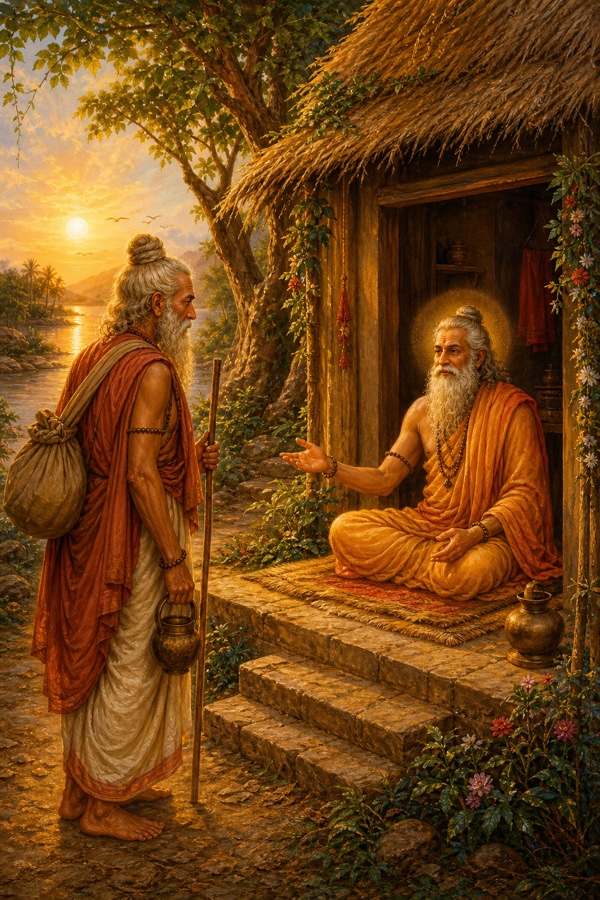 Painterly classical Indian color illustration: an aged white-bearded sage Kundadanta with a small bundle, kamandalu and staff arriving at the threshold of Vasishtha's humble riverside hut at golden morning; Vasishtha seated cross-legged on a mat welcoming him; dignified, no text, no watermark