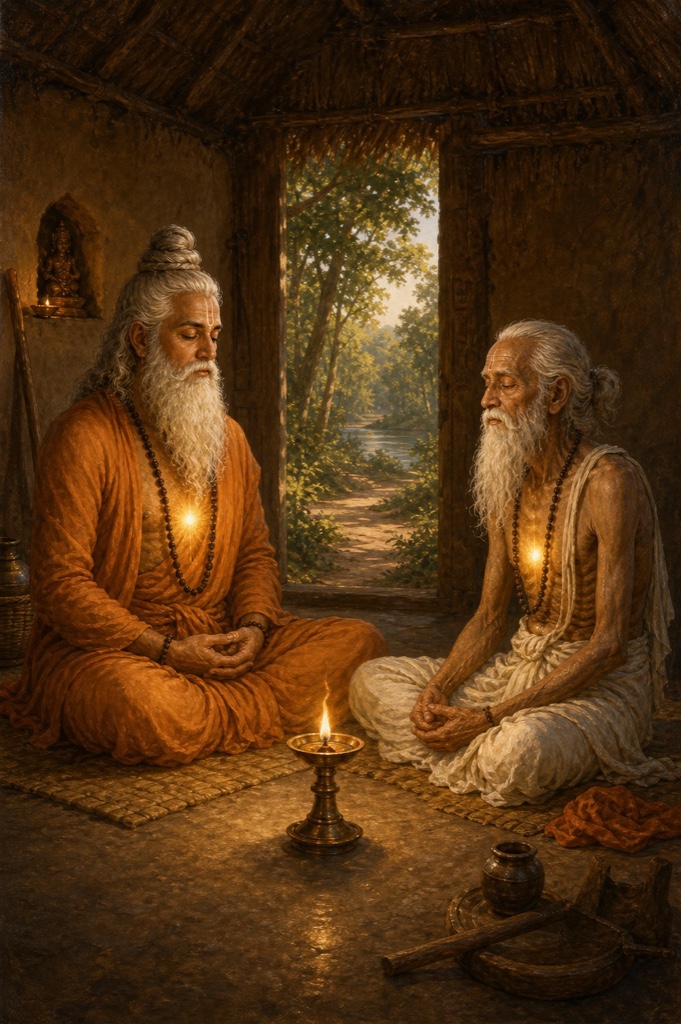 Painterly classical Indian color illustration: Vasishtha and elderly Kundadanta seated facing each other in meditation on a small mat inside the hut, eyes softly closed, breath calm; soft inner glow at the heart, a still oil lamp between them; serene, dignified, no text, no watermark