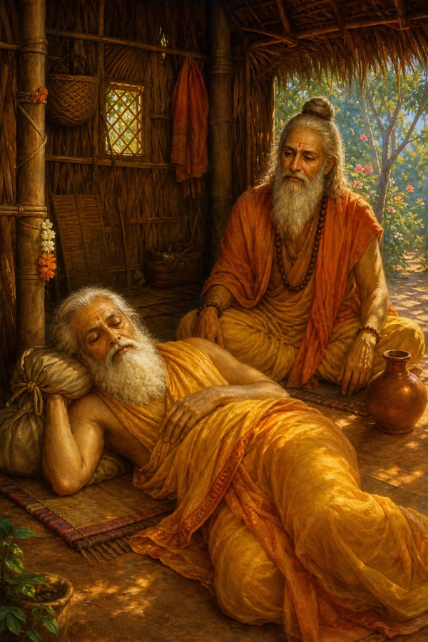 Painterly classical Indian color illustration: the frail aged sage Kundadanta lying down to rest in a corner of the hut at hot midday, his cloth bundle as a pillow, eyes closed and chest gently rising; Vasishtha watching quietly nearby beside a clay water pot; tender, dignified, no text, no watermark