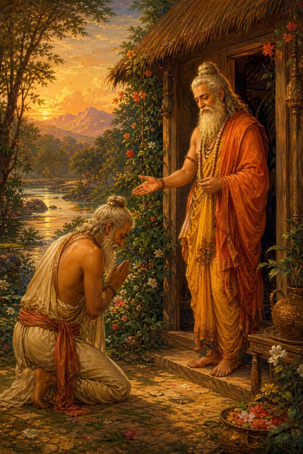 Painterly classical Indian color illustration: the old sage Kundadanta bowing his head humbly before Vasishtha who stands at the hut doorway offering reassurance; the hundredth question answered, soft afternoon light on the river; reverent, dignified, no text, no watermark