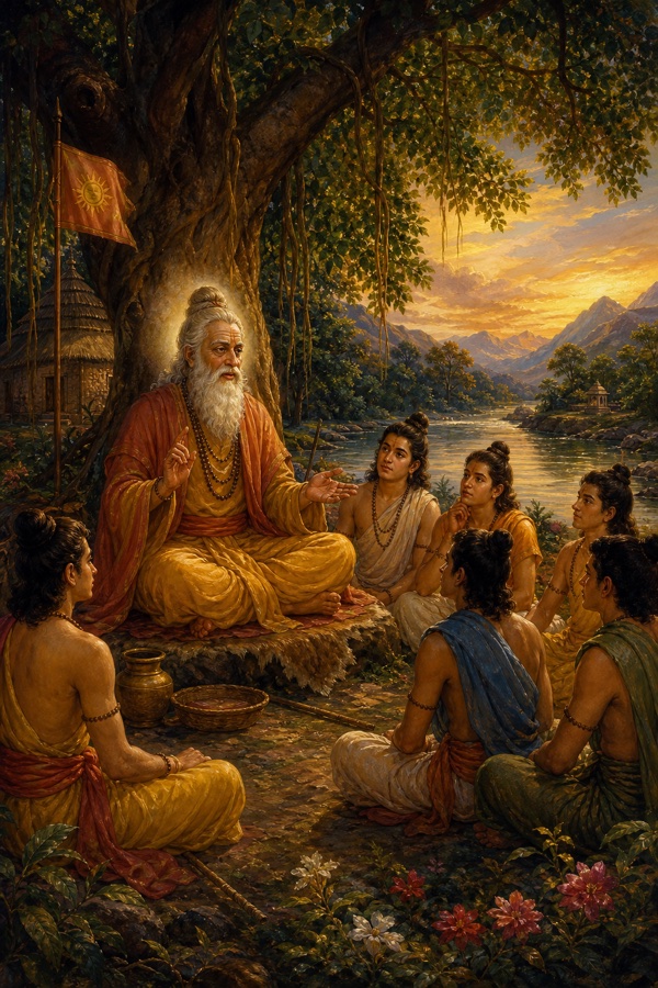 Painterly classical Indian color illustration: a very old Kundadanta now a revered teacher seated under a great tree at his riverside ashram, surrounded by a circle of attentive young disciples receiving his answers; peaceful evening light, lineage passing on; dignified, no text, no watermark