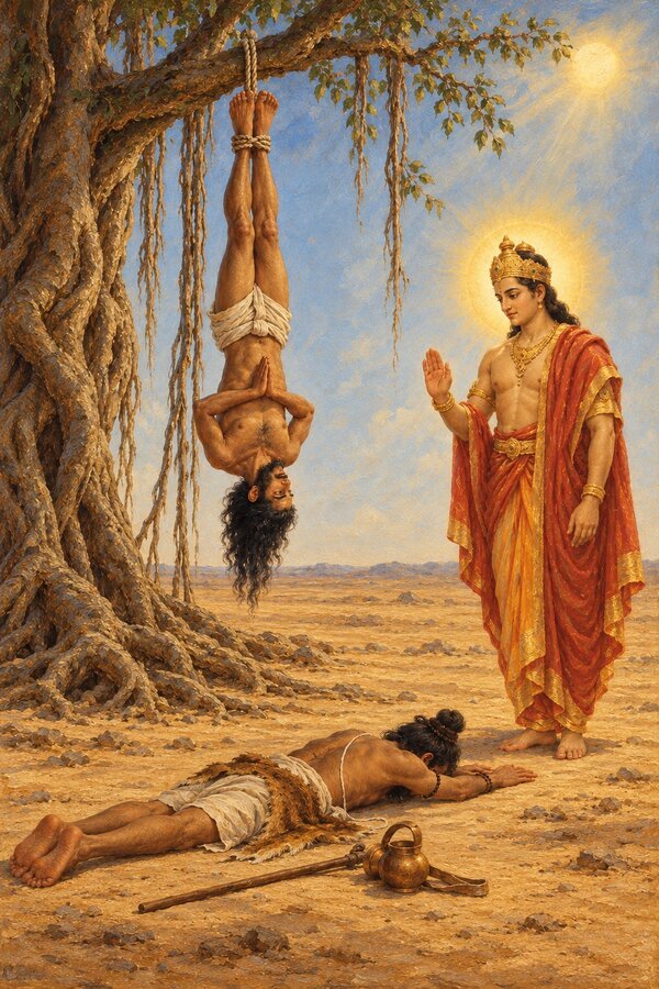 A radiant being descends from the sun to the ascetic hanging head down from a desert banyan as Kundadanta throws himself flat.