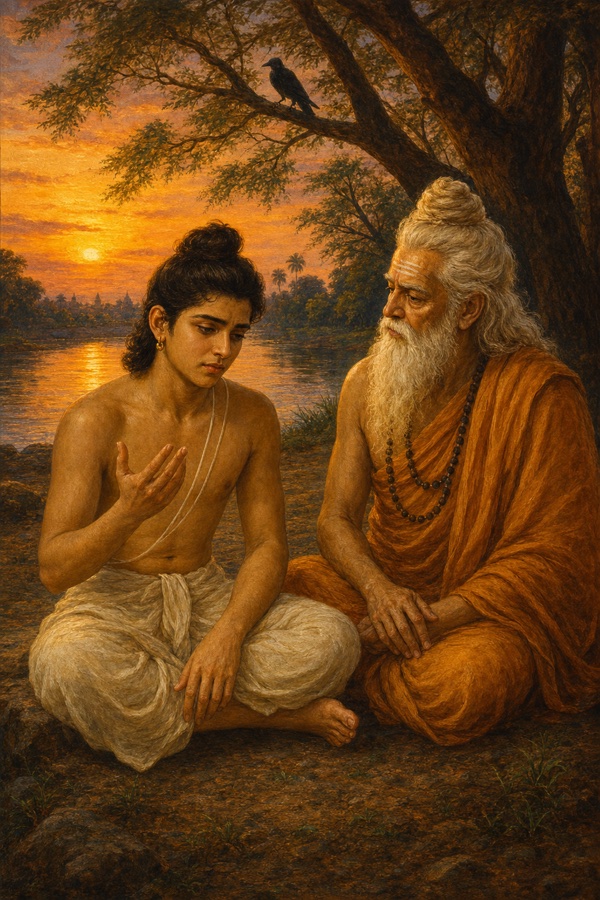 On the Sarayu riverbank at amber sunset, a troubled young prince Rama in simple dhoti sits beside the white-bearded sage Vasishtha; Rama speaks with downcast eyes recounting a dream, a crow perched on a babul tree behind, the river glowing like brass.