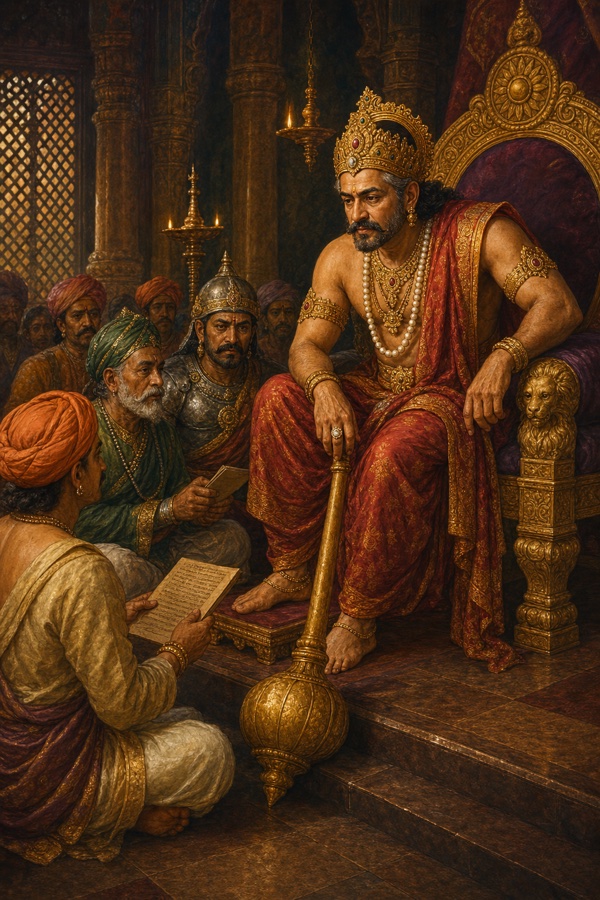 A solar-dynasty king Lavana, greying at the temples, leans slightly forward on his ornate throne in a lattice-windowed court, one hand on a sandalwood mace; ministers with palm-leaf manuscripts, a treasurer and an armoured general seated, silver oil lamps glowing in the dim hall.