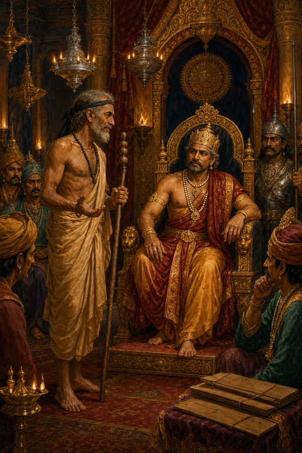 An old barefoot magician (Indrajalika) with a lightly greying beard, a black band at his temple and a beaded wooden staff stands at the center of the throne hall addressing the king; the seated ministers and general watch warily under hanging silver lamps.