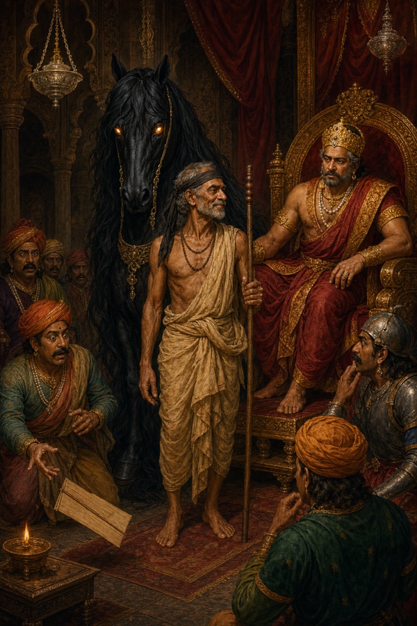 A jet-black horse with a long mane sweeping to the floor materializes at the center of the torchlit court behind the magician, its eyes glowing like inner lamps; a startled minister's manuscript falls from his hand, the king watching from the throne, hushed silence.