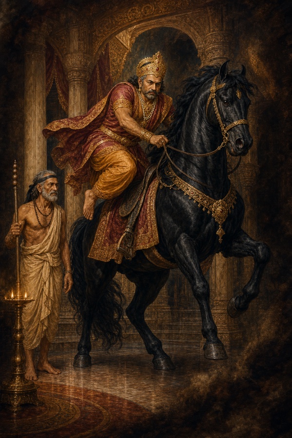 King Lavana in royal robes springs into the saddle of the towering black horse inside the palace hall, the magician standing aside by a lamp stand; the marble columns of the court begin to blur into darkness around horse and rider.