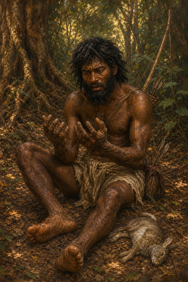 A barefoot man in a torn waistcloth sits dazed on the leaf-strewn floor of a dense sun-dappled forest, staring at his own dark, mud-caked, calloused hands; a reed bow and quiver of arrows on his back, a small dead rabbit beside his foot.
