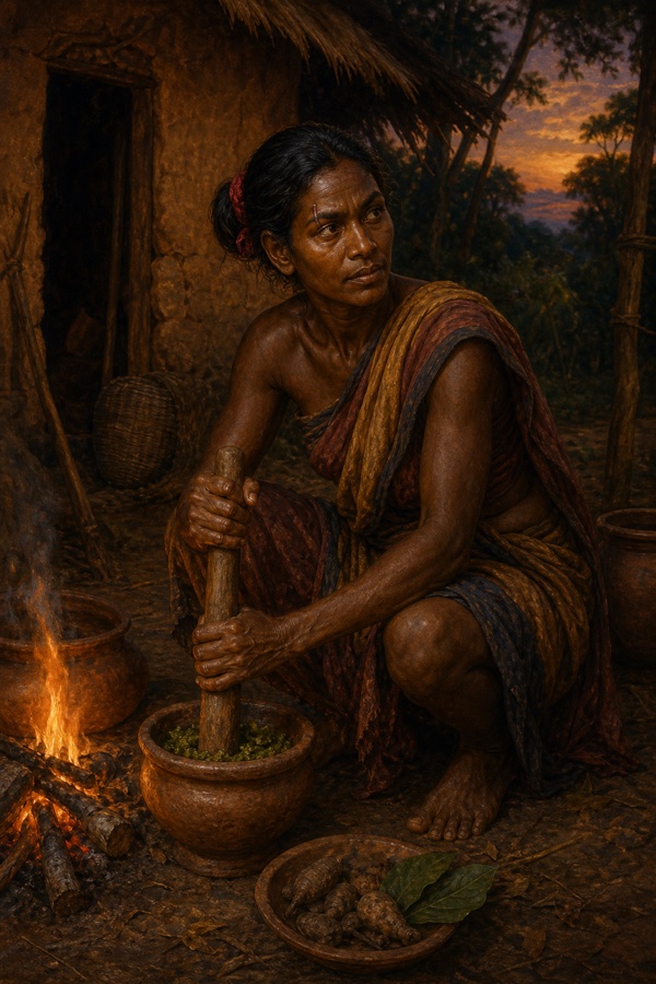 A dark-skinned tribal woman, Harkeyuri, with hair in a thick bun bound by a small red cloth and one eyebrow scarred slightly higher, crouches by an evening cooking fire pounding a root into a clay bowl of green pulp, the mud hut behind her in dusk light.