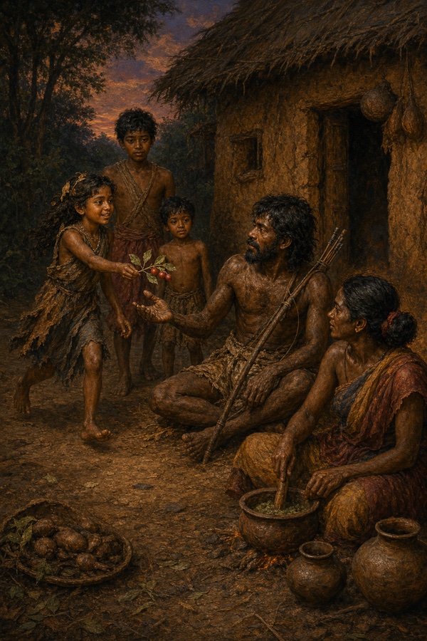 A bright eleven-year-old girl with dry leaves caught in her hair runs up to the seated hunter outside the hut, holding out a leafy twig bearing three small red fruits; the grave elder son and the quiet youngest boy follow behind, the mother by the fire to the side.