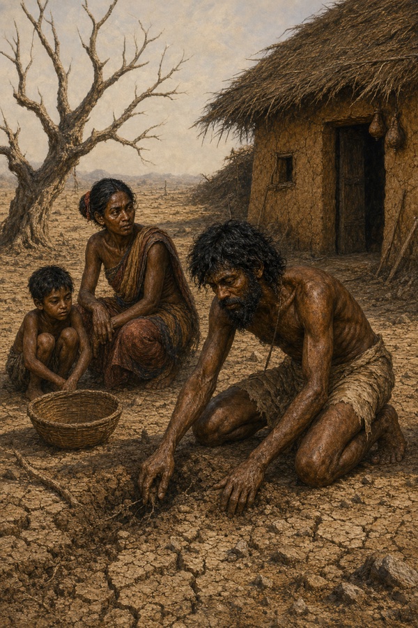 A scorched, cracked-earth landscape under a pale washed-out sky during drought; the gaunt hunter kneels digging at the dry ground, his wife and a child crouch nearby with an empty basket beside a leafless dead tree, the thatched hut at the edge.