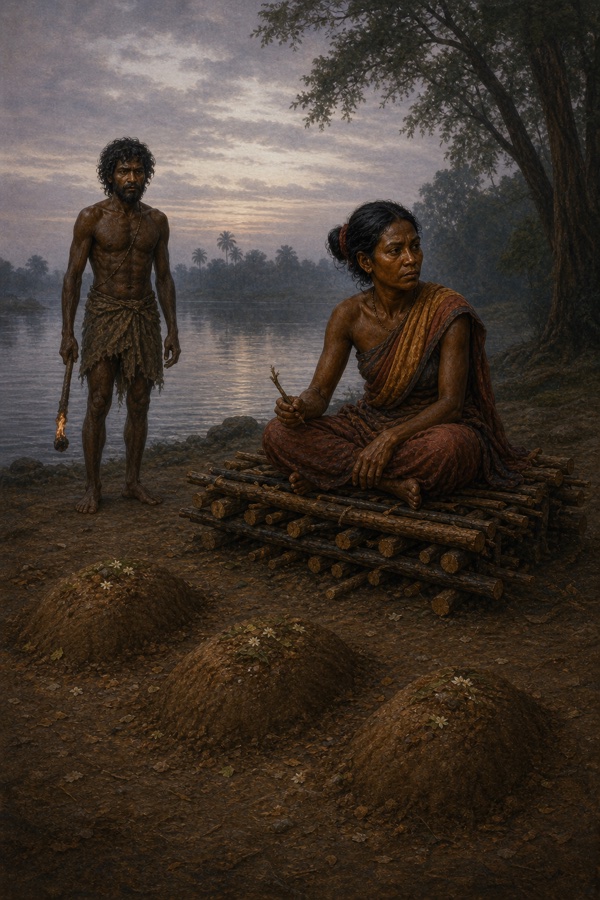 By the riverbank beside three small earthen burial mounds, Harkeyuri sits cross-legged and composed atop a low wooden funeral pyre, a small broken twig clutched in one hand; the hunter stands a few paces back holding a lit brand, dawn light grey.