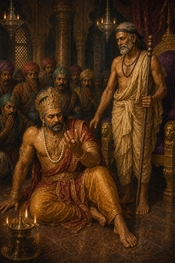 Back inside the lamplit palace court, King Lavana sits stunned on the floor, breathing hard, staring at his own pale hand bearing the gold-and-diamond royal signet ring; the smiling magician stands beside him, turbaned ministers clustered behind, one oil lamp burning.