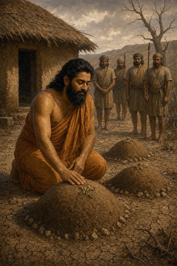 King Lavana, dressed plainly in saffron-ochre robes, kneels barefoot before three small fresh earth mounds outside an abandoned thatched hut, laying his palm gently on the first mound; a few plain-clothed soldiers stand respectfully behind, drought hills beyond.