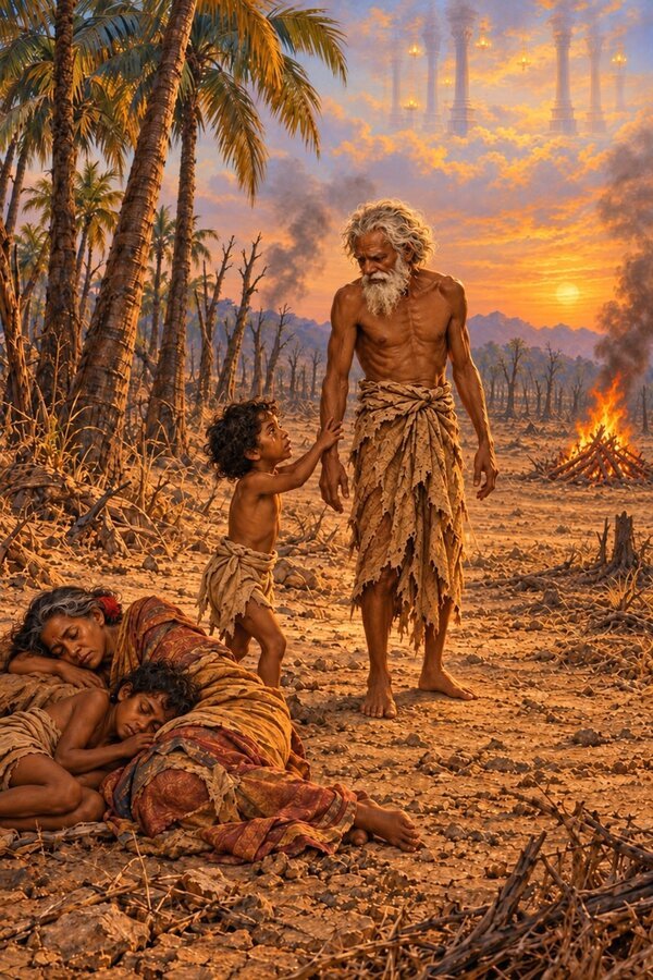In a famine-wasted forest Lavana's wife and elder son sleep under palms as the younger son holds Lavana's hand, a pyre behind.