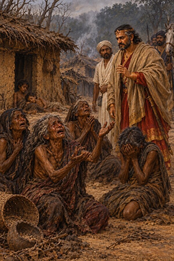 In a smoky hamlet by the Vindhya forest, famine-wasted old women wail as King Lavana halts before his weeping mother-in-law.