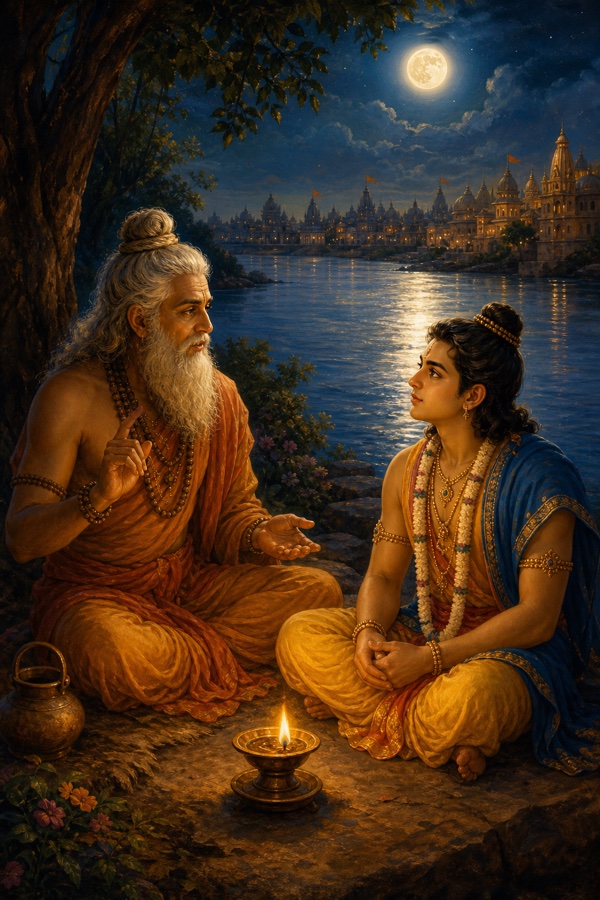 On the moonlit bank of the Sarayu, the elder sage Vasistha and a young Rama sit by a small flickering oil lamp, the river silvered behind them and the distant Ayodhya skyline beyond, the sage beginning to tell a tale; rich painterly classical Indian color illustration, dignified, no text or watermark