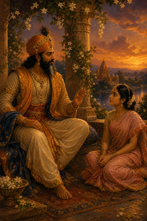 On a temple verandah at dusk King Padma, broad-shouldered with a turban and a thin white streak in his black beard, sits a respectful distance from the young princess Lila in a soft sari, speaking gently with his hand raised in courtesy; jasmine vines and a stone column frame them; rich painterly classical Indian color illustration, dignified, no text or watermark
