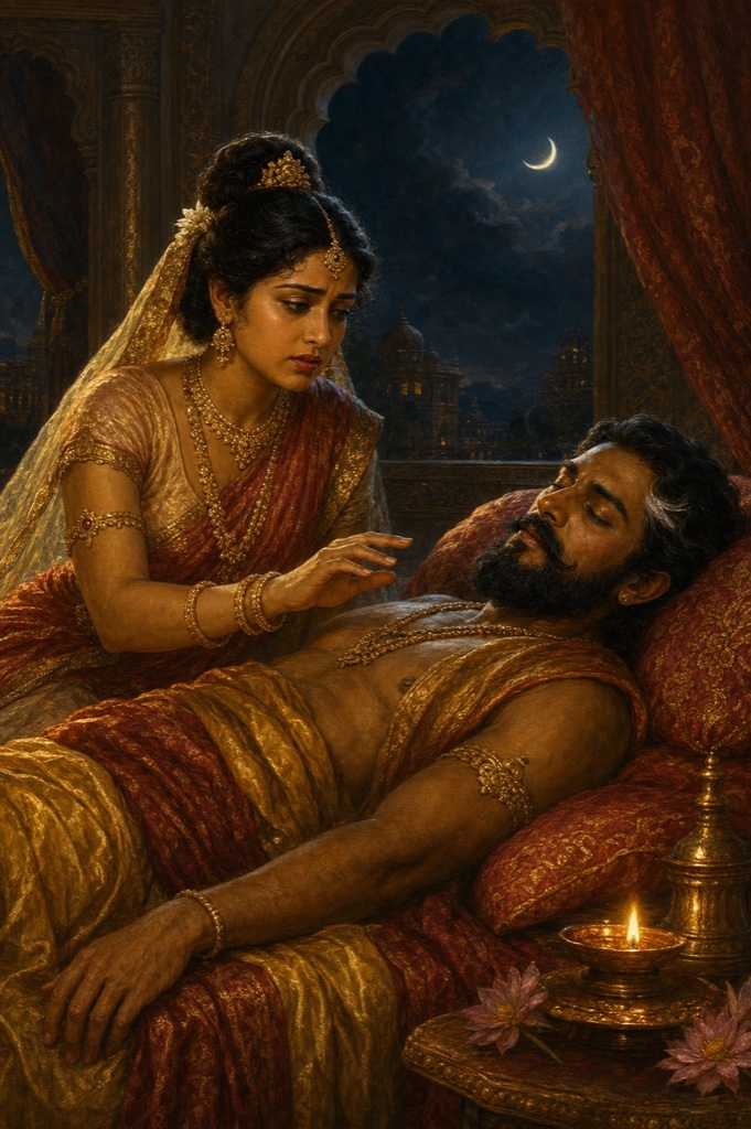 In a moonlit royal bedchamber Queen Lila in bridal jewelry sits up in bed, her hand hovering above the chest of the sleeping King Padma without touching him, her face shadowed with sudden dread; a half-moon glows through an arched window and a small diya burns at the bedside; rich painterly classical Indian color illustration, dignified, no text or watermark