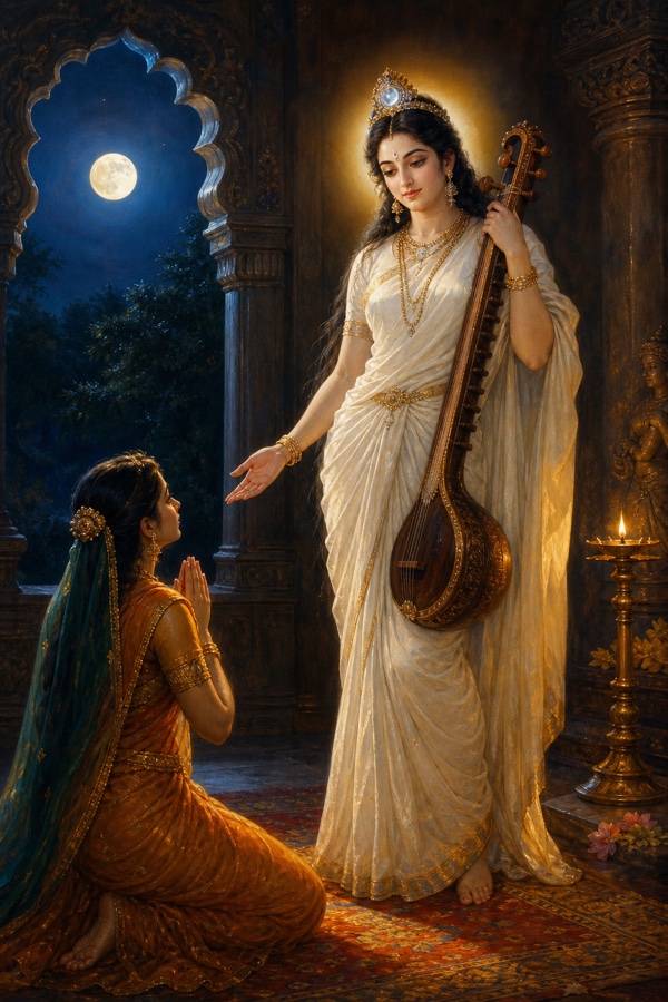 In a bare moonlit meditation chamber the goddess Saraswati stands in a plain white sari with a chandra-mani jewel in her hair and a vina resting on her shoulder, her face luminous and shifting, her eyes clear and bottomless; Lila kneels before her with folded hands; rich painterly classical Indian color illustration, dignified, no text or watermark