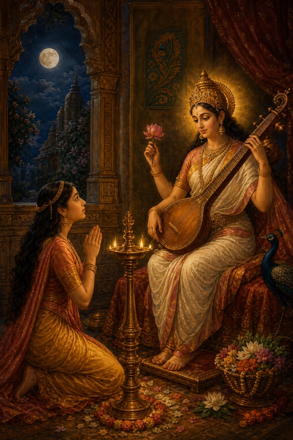 Lila kneels with folded hands beseeching the seated goddess Saraswati who holds her vina and a lotus, a tall oil lamp burning between them in the small chamber; the moon visible through the window; the moment of asking the fateful boon; rich painterly classical Indian color illustration, dignified, no text or watermark