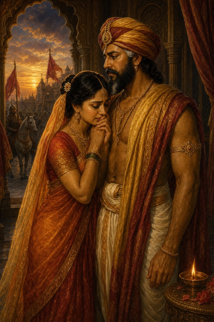The night before war, Lila in royal attire holds King Padma's hand to her cheek as he stands in dhoti and shoulder-cloth giving a tender farewell; through the arched palace gateway behind them cavalry, horses and banners gather for the march; rich painterly classical Indian color illustration, dignified, no text or watermark
