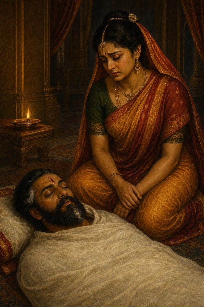 In Lila's chamber the shrouded body of King Padma lies on a mat, his face uncovered with a small wound above the brow, eyes closed and lips slightly parted; a single corner diya burns; the queen kneels nearby in grief without tears; rich painterly classical Indian color illustration, dignified, no text or watermark