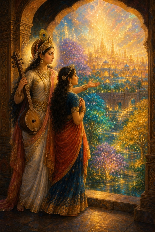 Lila and the goddess Saraswati stand at the threshold of the self-luminous Chitra-loka, where trees, ground and air each glow with their own inner light in a nameless color, a vast walled city shimmering beyond; rich painterly classical Indian color illustration, dignified, no text or watermark