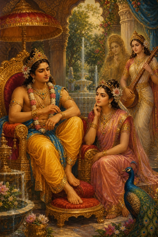 In a fountained palace courtyard the youthful King Viduratha sits on a throne tapping a gold wristband, while a second Lila identical to the first, with the same loose bangle and chandra-mani hair-flower, sits beside him; the invisible Lila and Saraswati watch from aside; rich painterly classical Indian color illustration, dignified, no text or watermark
